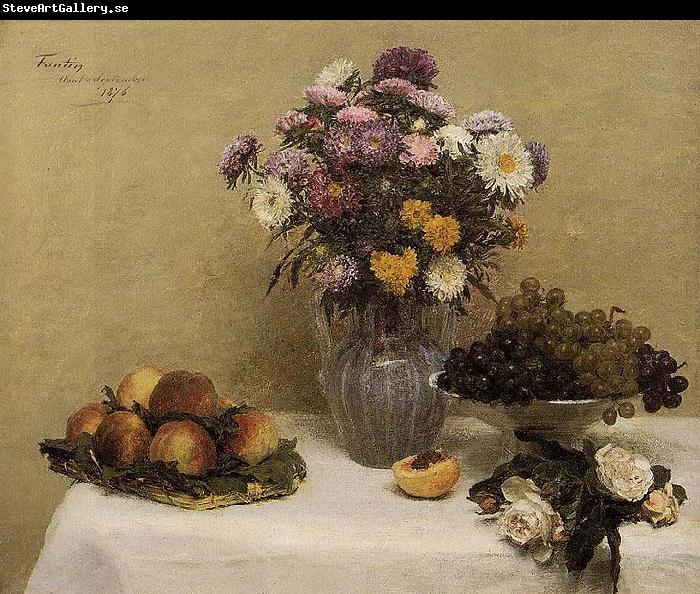 Henri Fantin-Latour White Roses, Chrysanthemums in a Vase, Peaches and Grapes on a Table with a White Tablecloth